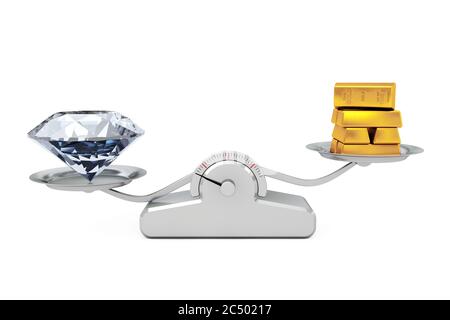 Diamante gigante con barre d'oro che equilibrano su una scala di ponderazione semplice su uno sfondo bianco. Rendering 3d. Foto Stock