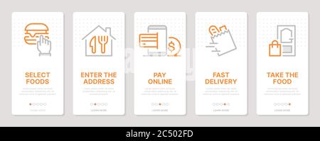Schede verticali relative alla consegna di alimenti. Schermate di inserimento delle app mobili. Modelli per un sito Web. Icone con tratto modificabile Illustrazione Vettoriale
