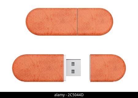 Unità di memoria flash USB in pelle marrone su sfondo bianco. Rendering 3d. Foto Stock