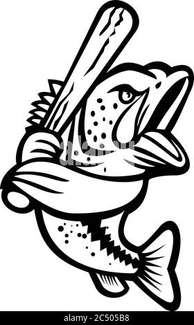 Mascotte in bianco e nero illustrazione di un basso largemouth, un boccaglio o bigmouth con battimento di baseball visto da un lato su backgrou isolato Illustrazione Vettoriale