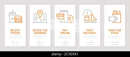 Schede verticali relative alla consegna di alimenti. Schermate di inserimento delle app mobili. Modelli per un sito Web. Icone con tratto modificabile Illustrazione Vettoriale