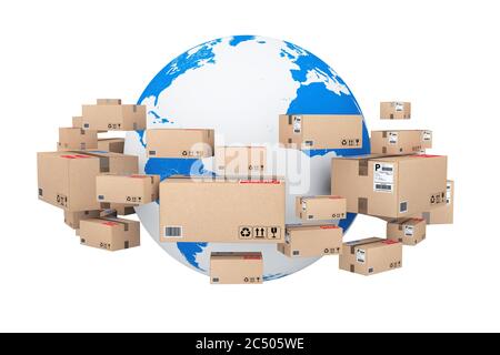Global Shipping e concetto logistico. Globo terrestre circondato da scatole di cartone con prodotti in pacchi su sfondo bianco. Rendering 3d. Foto Stock
