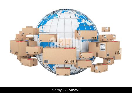 Global Shipping e concetto logistico. Globo terrestre circondato da scatole di cartone con prodotti in pacchi su sfondo bianco. Rendering 3d. Foto Stock