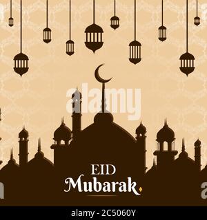 EID mubarak motivo marrone sfondo elegante saluto Wish card, poster, illustrazione vettoriale Illustrazione Vettoriale