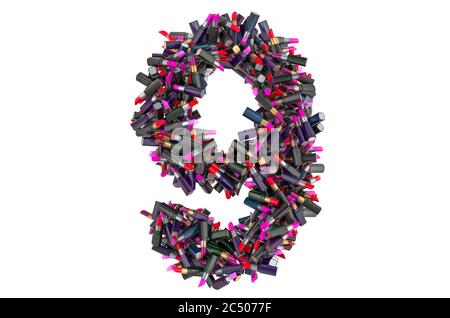 Numero 9 da rossetti colorati, rendering 3D isolato su sfondo bianco Foto Stock