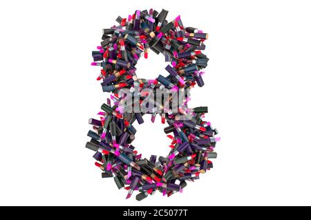 Numero 8 da rossetti colorati, rendering 3D isolato su sfondo bianco Foto Stock