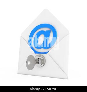 Concetto di sicurezza. E-mail busta di accesso con chiave e blocco tasti su sfondo bianco. Rendering 3d. Foto Stock