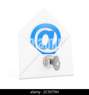 Concetto di sicurezza. E-mail busta di accesso con chiave e blocco tasti su sfondo bianco. Rendering 3d. Foto Stock