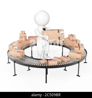 3d le piccole persone tengono una scatola di cartone vicino a pacchi su un trasportatore a rulli su uno sfondo bianco. Rendering 3d. Foto Stock