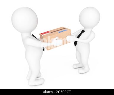 3d piccole persone che consegnano una scatola di cartone a un'altra persona su sfondo bianco. Rendering 3d. Foto Stock