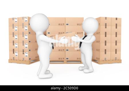 3d piccole persone che consegnano una scatola di cartone a un'altra persona su sfondo bianco. Rendering 3d. Foto Stock