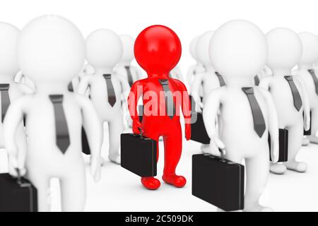 Concetto di team leader. Molte persone in 3d con un rosso su sfondo bianco. Rendering 3d. Foto Stock