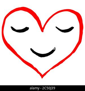 Cuore rosso sorridente. Faccia con l'icona emoji del sorriso. Il disegno di schizzo è stato disegnato con pennello e inchiostro. Forma ricolabile isolata dallo sfondo. Vettore Illustrazione Vettoriale