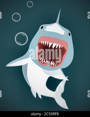 Illustrazione del grande squalo bianco che attacca sotto l'acqua Foto Stock