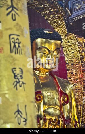 Tempio di Baotong: La Sala del Buddha di Giada, statua dorata di Buddha. Wuhan, Cina Foto Stock