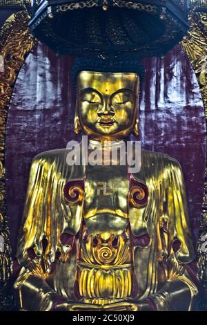 Tempio di Baotong: La Sala del Buddha di Giada, statua dorata di Buddha. Wuhan, Cina Foto Stock