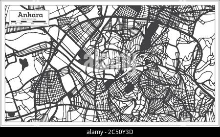 Ankara Turchia Mappa della città in bianco e nero in stile retro. Mappa di contorno. Illustrazione vettoriale. Illustrazione Vettoriale