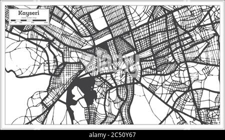 Mappa della città di Kayseri Turchia in bianco e nero in stile retro. Mappa di contorno. Illustrazione vettoriale. Illustrazione Vettoriale