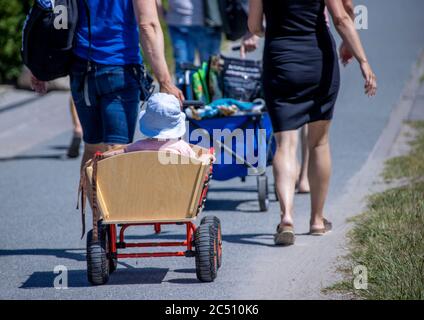 Zingst, Germania. 24 Giugno 2020. I turisti nel resort Baltico Zingst. Gli alberghi, le pensioni e i campeggi nelle regioni turistiche del Meclemburgo-Vorpommern sono attualmente molto ben utilizzati. Credit: Jens Büttner/dpa-Zentralbild/ZB/dpa/Alamy Live News Foto Stock