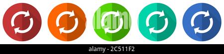 Ricarica insieme di icone, pulsanti web di disegno piatto rosso, blu, verde e arancione isolati su sfondo bianco, illustrazione vettoriale Illustrazione Vettoriale