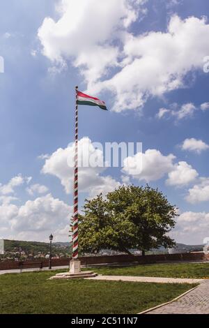 Bandiera ungherese su flagpole su cielo blu Foto Stock