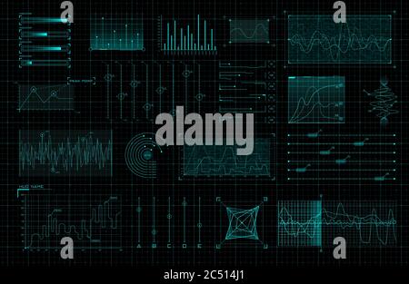 Set di elementi infografici HUD. Diagrammi e diagrammi sci-fi per interfaccia utente futuristica e GUI. Tema dell'analisi dei big data. Grafica virtuale FUI Illustrazione Vettoriale