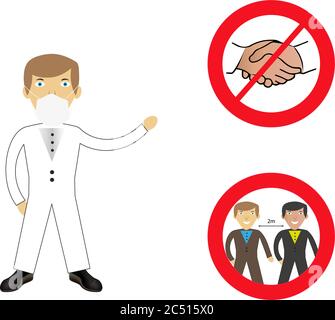 Medico che mostra protezione contro il coronavirus Covid-19. Nessuna icona di stretta di mano con il segno rosso vietato, evitando il contatto fisico e l'infezione da coronavirus Illustrazione Vettoriale