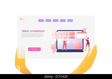 Icona cartoon piatto con creazione sito business landing page modello per concept design con personaggi. Viola rosa con le mani metafora grafica con notebook, fiori, finestre Illustrazione Vettoriale