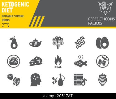 Set di icone glifo per dieta Keto, collezione di simboli chetogenici, schizzi vettoriali, illustrazioni di logo, icone di dieta chetogena, pittogrammi solidi per segni alimentari Illustrazione Vettoriale