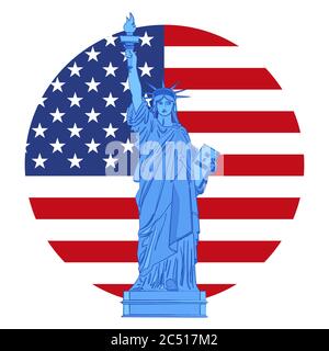 Statua della libertà sullo sfondo con bandiera americana, Stati Uniti, illustrazione vettoriale Illustrazione Vettoriale