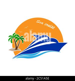 Illustrazione vettoriale di uno yacht su uno sfondo tramonto e di un'isola con una palma per logo, poster, striscioni e disegno a tema, isolato su un bianco Illustrazione Vettoriale