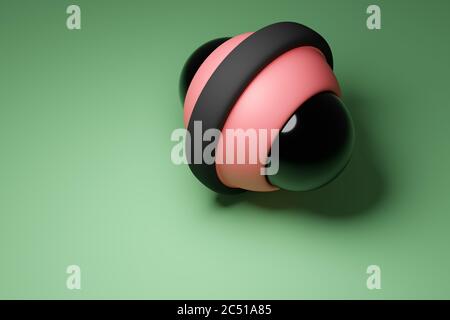 Rendering 3D di un giroscopio nero e rosa su sfondo verde. Una semplice figura geometrica di palline di diverse dimensioni. Сyber forma in stile cartoon Foto Stock