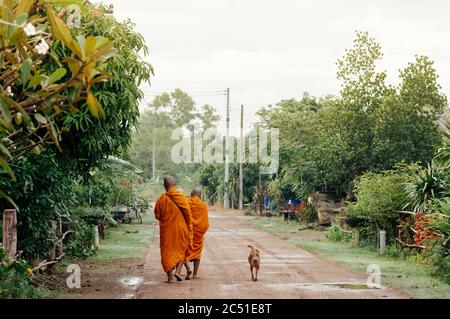 31 MAGGIO 2018 SA Kaeo, Thailandia - Monk Buddista tailandese passeggiata lungo la tranquilla strada del villaggio per le elemosine mattutine seguite da cane di strada Foto Stock