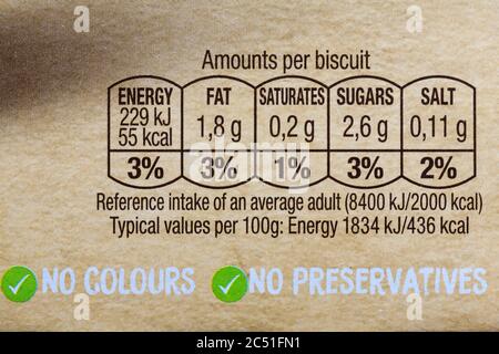 Informazioni nutrizionali informazioni sull'etichettatura sulla confezione di biscotti per la colazione Gullon Vital Grain senza colori senza conservanti Foto Stock