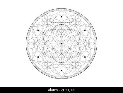 Seme di vita simbolo geometria Sacra. Mistico mandala geometrico di Alchimia esoterico Fiore di vita. Vettore amuleto meditativo divino bianco e nero Illustrazione Vettoriale