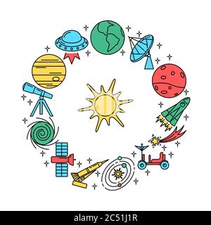 Banner di concetto circolare con elementi spaziali in stile sottile. Astronave, pianeti, sole e altri simboli. Illustrazione vettoriale. Illustrazione Vettoriale
