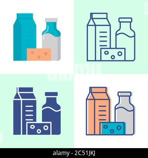 Icona dei prodotti caseari in stile piatto e lineare. Confezione di yogurt, bottiglia di latte e simboli di fetta di formaggio. Illustrazione vettoriale. Illustrazione Vettoriale