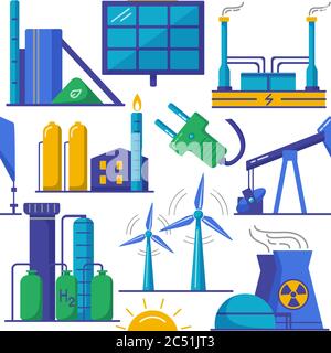 Modello luminoso senza cuciture con produzione di energia e simboli ecologici in stile piatto. Illustrazione Vettoriale