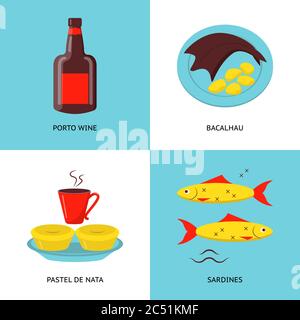 Collezione di icone portoghesi in stile piatto. I simboli della cucina tradizionale includono vino porto, pesce bacalhau, tartine pastello de nata e sardine. Illustrazione Vettoriale