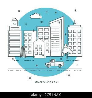 Modello di carta per il paesaggio urbano invernale in stile sottile. Illustrazione vettoriale con case, auto e neve sulla strada della città. Illustrazione Vettoriale