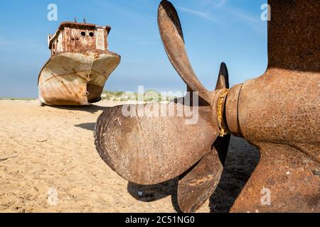 Navi arrugginite sul mare secco di Aral in Uzbekistan a Moynaq Foto Stock