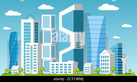 Illustrazione creativa vettoriale della città moderna con grattacieli e turbine eoliche Illustrazione Vettoriale