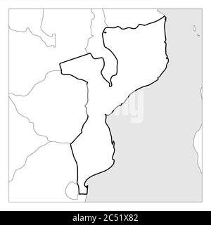 Mappa del Mozambico con il contorno nero e spesso evidenziato con i paesi vicini. Illustrazione Vettoriale