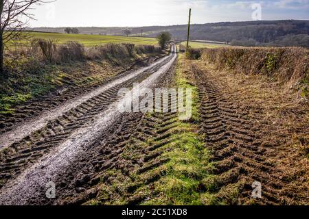 Paese corsia su una fredda mattina gelosa nel Cotswolds Foto Stock