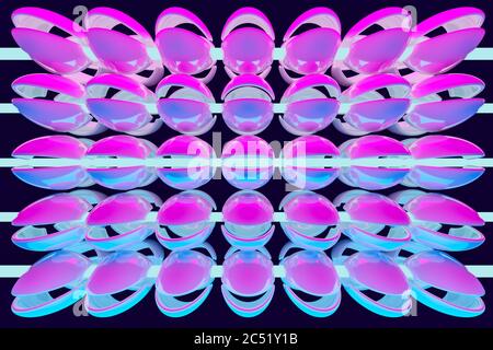 Illustrazione 3D di una palla rosa e blu al neon con petali incastrati su una corda sotto forma di perle su uno sfondo nero. Collana Cyber in re virtuale Foto Stock