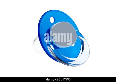 succhietto in silicone per bambini in lattice morbido trasparente, succhietto in plastica blu isolato su sfondo bianco. Foto Stock