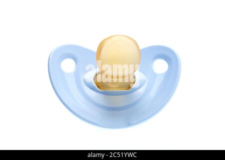un succhietto blu in morbido silicone isolato su sfondo bianco, nessuno. Foto Stock