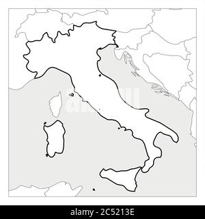 Mappa dell'Italia contorno nero spesso evidenziato con i paesi vicini. Illustrazione Vettoriale