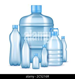 Bottiglie realistiche di plastica per acqua potabile, illustrazione vettoriale Illustrazione Vettoriale