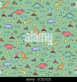 Simpatici dinosauri senza cuciture. Divertente dino cartoon. Disegno di doodle vettoriale disegnato a mano per i bambini. Illustrazione per bambini disegnata a mano per abiti di moda Illustrazione Vettoriale